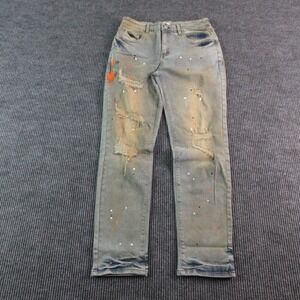 HME Jeans Mens 32 Blue Skinny Slim Distressed Paint Splatter Ripped 30x30* NWOT